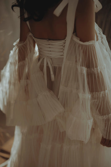 Mqtime Charming See Thru Pleated Long Tulle Gowns Tutu Maternity Photoshoot Outfit Flare Sleeves A-line Women Dress Lace Up Back